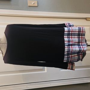 Layering, high-low, tunic, long, top. Plaid, black, red, white, navy. 1x.